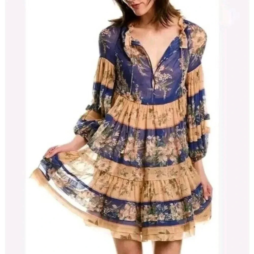 NWT Zimmermann Moonshine Tuck Mini Dress Peach Blue Floral Size US 6/ AU 1